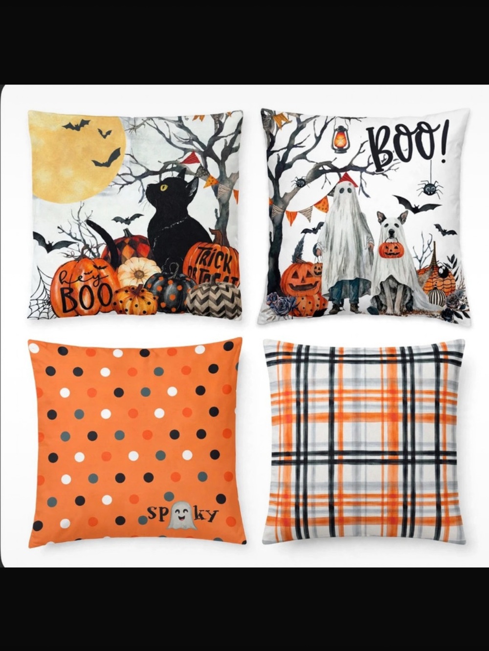 Halloween Decorative Pillow Covers - Orange Black White (Set of 4)